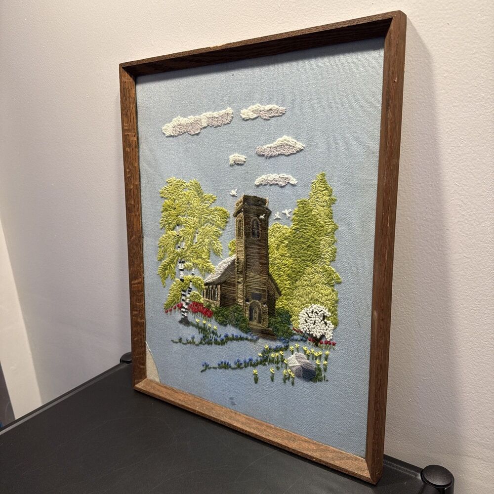 Vintage 1973 Large Framed Embroidery Needlepoint Church Garden 21.25 X 17.25